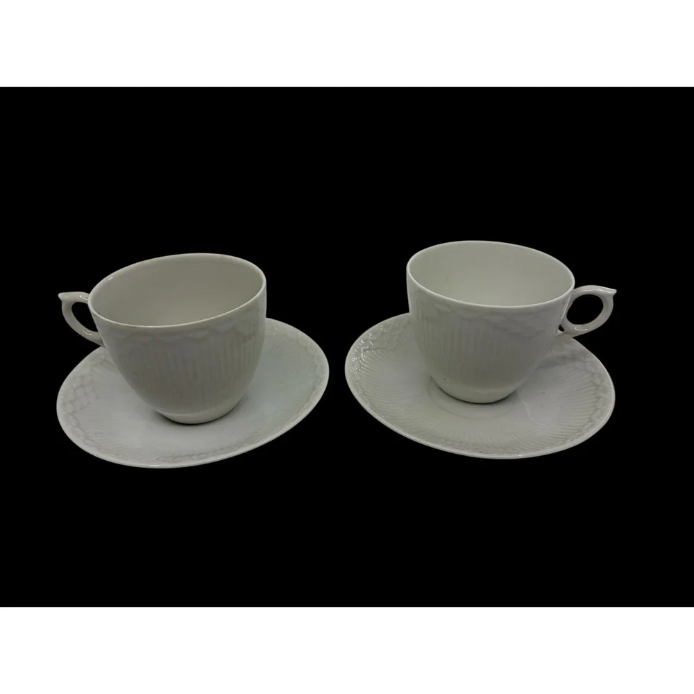 Royal Copenhagen White Half Lace Tea Cup and Saucer Set of 2 Porcelain Denmark